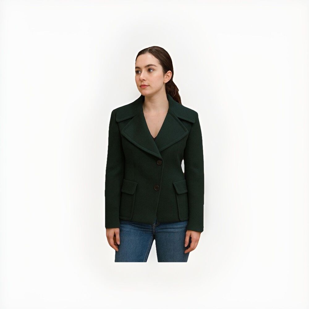 Akris Dark Forest Green Pea Coat Breasted Wool Blazer Jacket Size 4